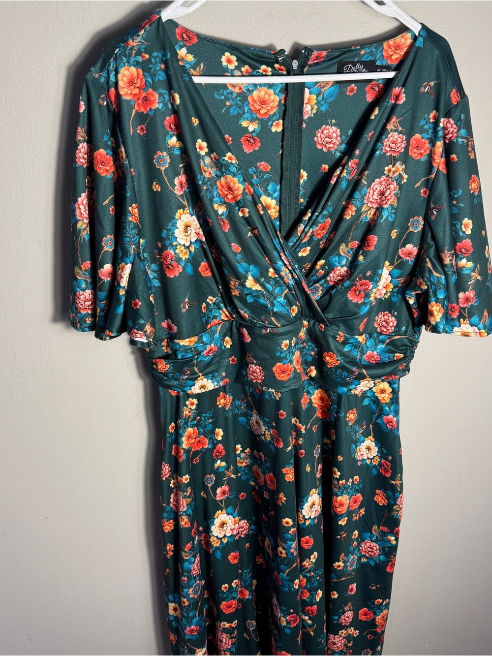 Dolly and Dotty Dress US 16 Teal Floral Short Sleeve Ruched Fit & Flare retro